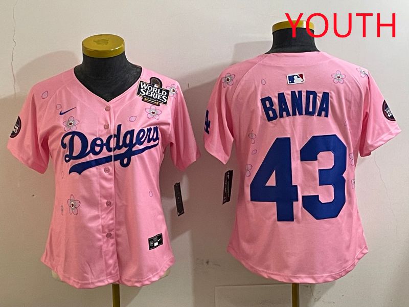 Youth Los Angeles Dodgers 43 Banda Pink White Blue Sakura Edition 2025 Nike MLB Jersey style 7